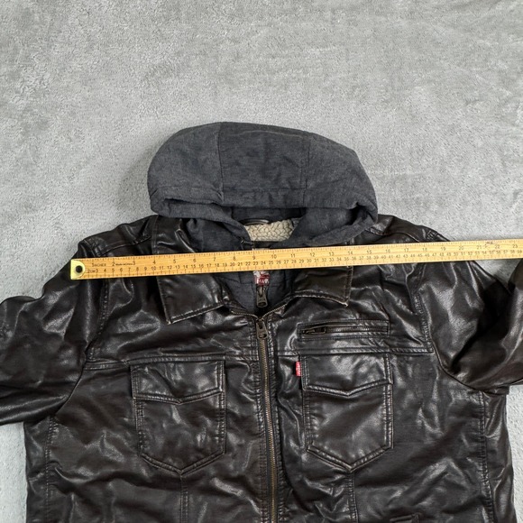 Levis Mens Faux Leather Sherpa Lined Hooded Trucker Jacket Brown XL RN54163 - Picture 10 of 12